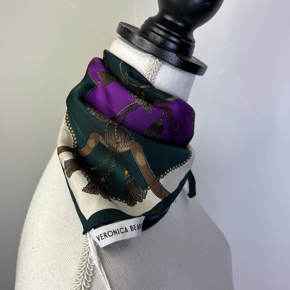 Veronica Beard NWT Silk Scarf Purple Green Equestrian Old Money Luxury Preppy - Picture 7 of 11
